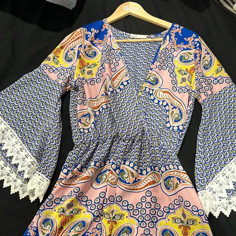 Miin Floral Crochet Wide Sleeve Shorts Romper